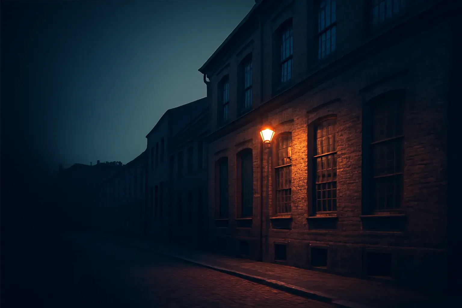 A quiet Brno street at dusk in duotone graphite and bone tones, with older industrial-era brick architecture and warm streetlight glow.