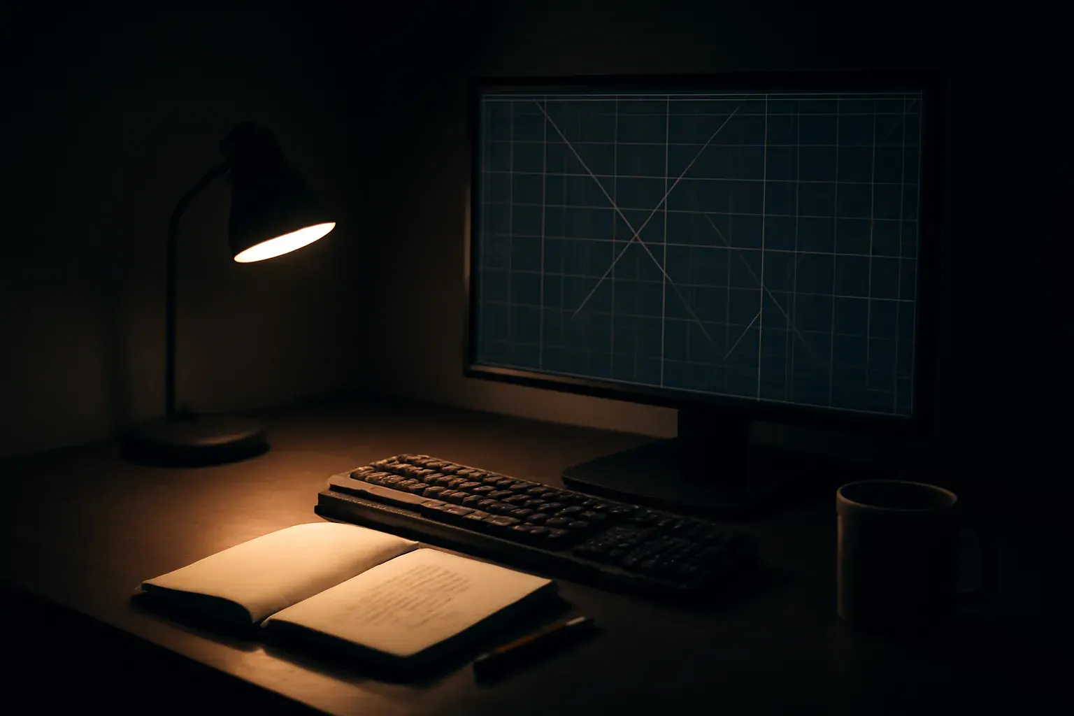 A quiet developer's desk in the evening, duotone graphite and bone tones: a monitor showing an abstract technical grid, a keyboard, a notebook and a desk lamp.