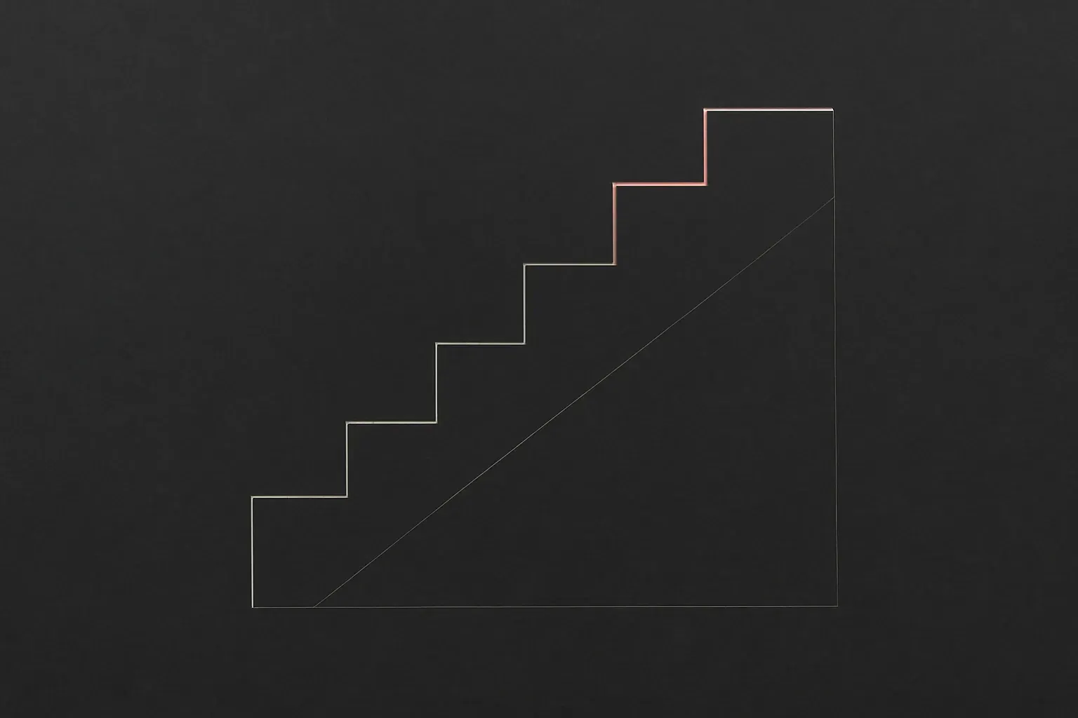 Large abstract technical line drawing of a stepped bracket form etched into dark graphite paper, low contrast, with one vermillion hairline accent.