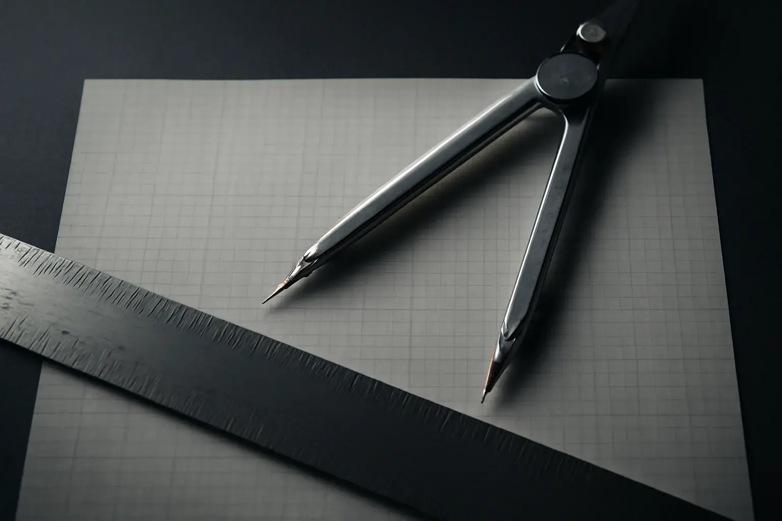 Macro photograph of a technical ruler and drafting compass mid-measurement on grid paper, dark graphite tones with a single vermillion pencil accent.