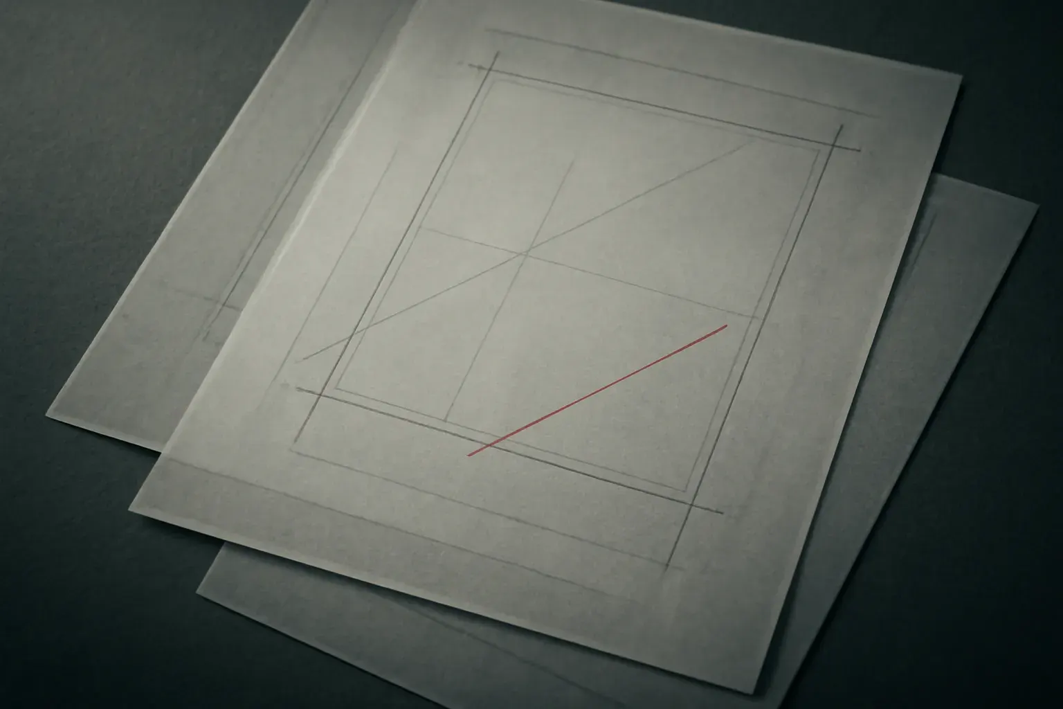 Overhead photograph of several overlapping tracing-paper technical sketches with hairline revision marks, dark graphite tones with a single vermillion correction line.