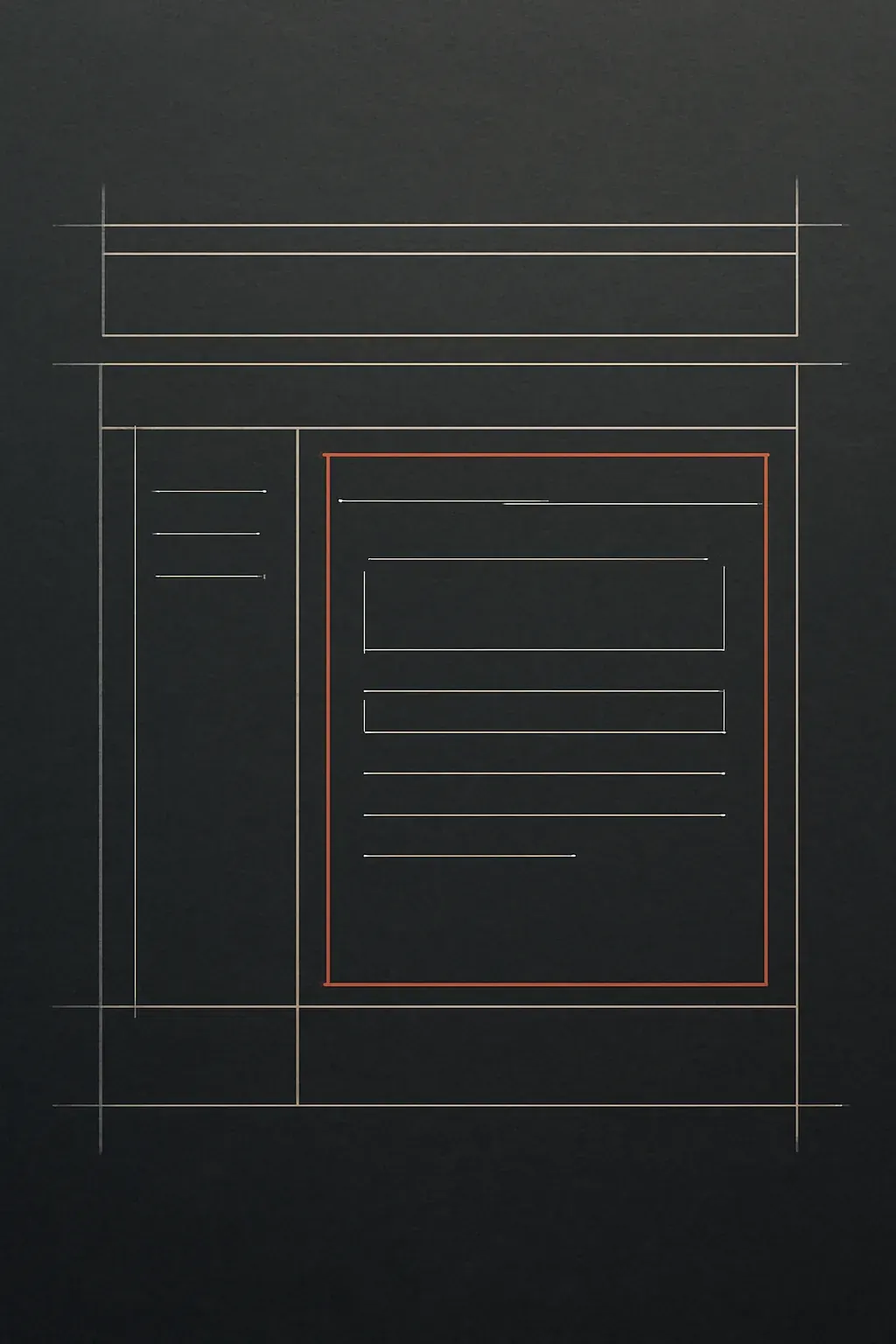 Technical schematic line drawing of an application's screen layout as a wireframe blueprint, with panels, grid divisions and dimension ticks, on dark graphite paper.