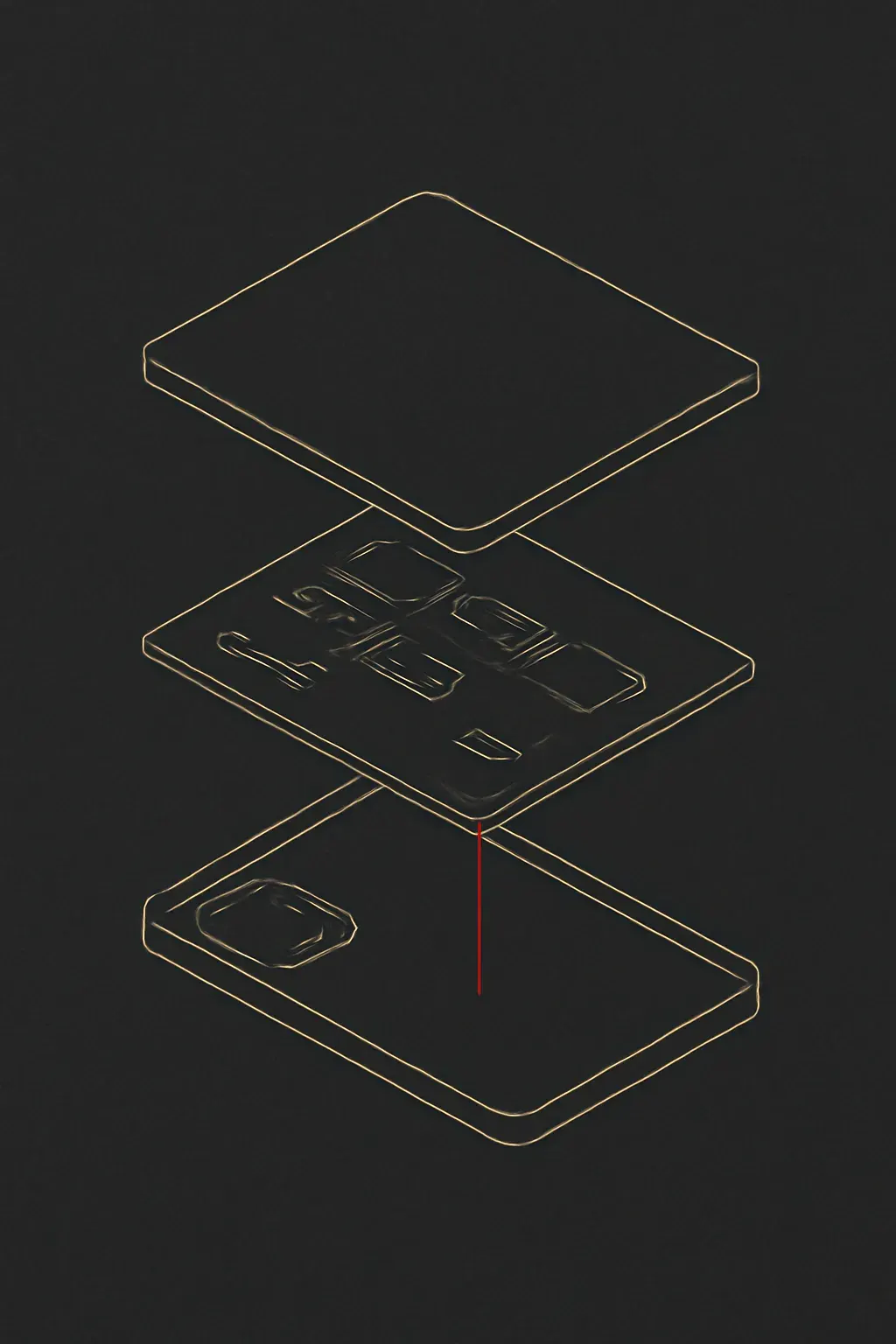 Exploded isometric technical drawing of a smartphone's layered components — screen, board, casing — drawn in thin bone linework on dark graphite paper.