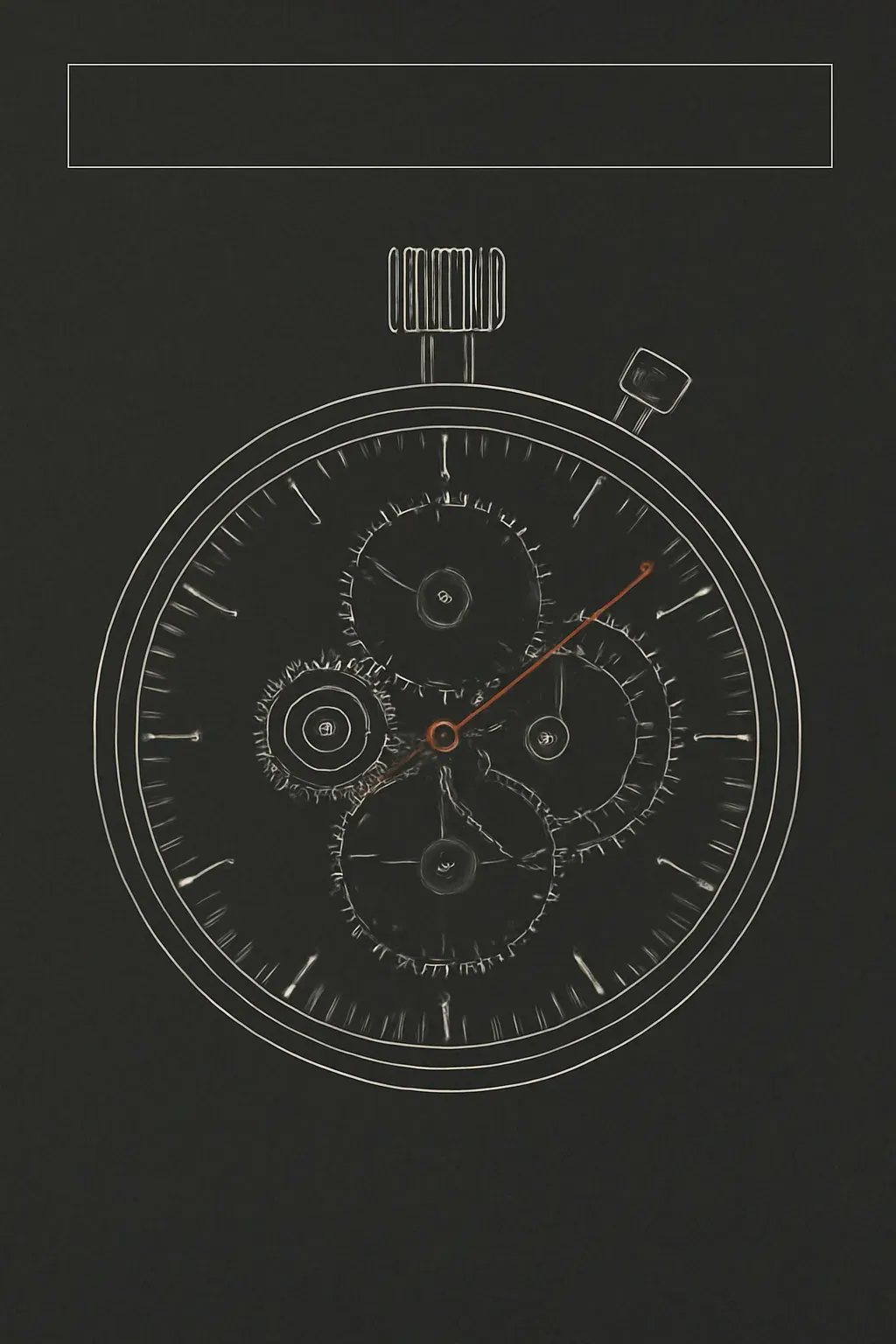 Technical cutaway line drawing of a mechanical stopwatch mechanism with exposed gears, drawn in thin bone linework on dark graphite paper.