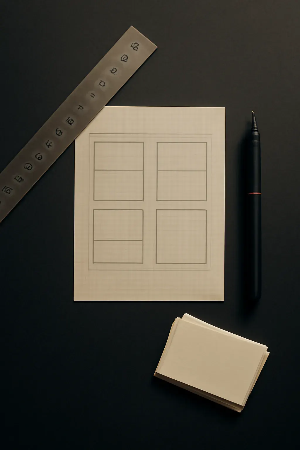 Overhead photograph of design tools on a dark drafting table: a metal ruler, a technical pen, and a grid layout sheet, lit by a single warm desk lamp.