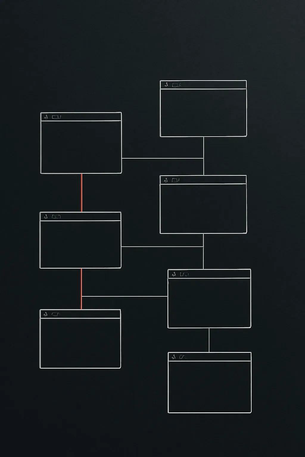 Technical line drawing of stacked browser-window frames connected by thin routing lines, like an architectural sitemap diagram, on dark graphite paper.
